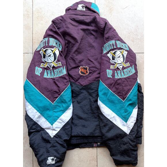 Anaheim Mighty Ducks 90s STARTER puffer LOGOS jacket S purple blk NHL hockey vtg - Picture 4 of 11